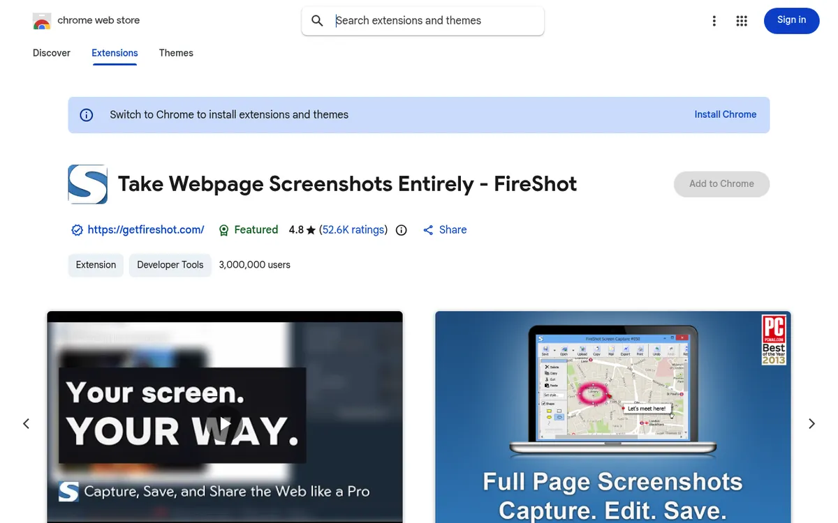 FireShot Chrome Web Store listing, a full page screenshot extension that captures, edits and saves to PDF or image