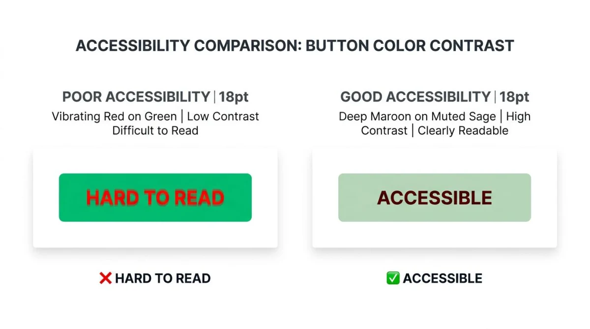 Side-by-side example of an inaccessible vs accessible button using complementary colors