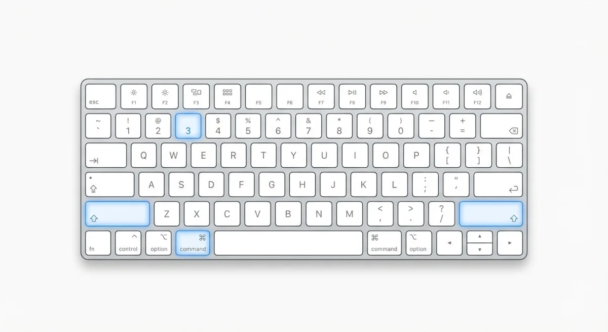 Mac keyboard showing Command Shift 3 screenshot shortcut keys