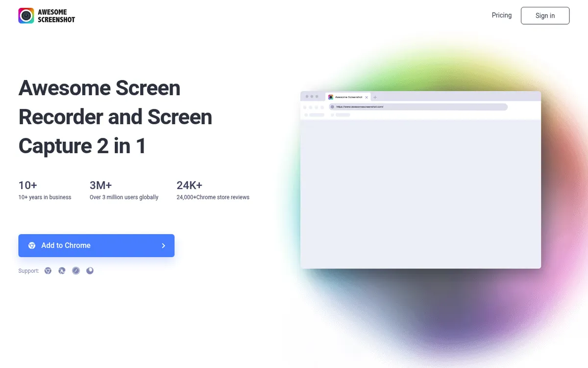 Awesome Screenshot homepage, a browser extension for screen capture, recording and markup