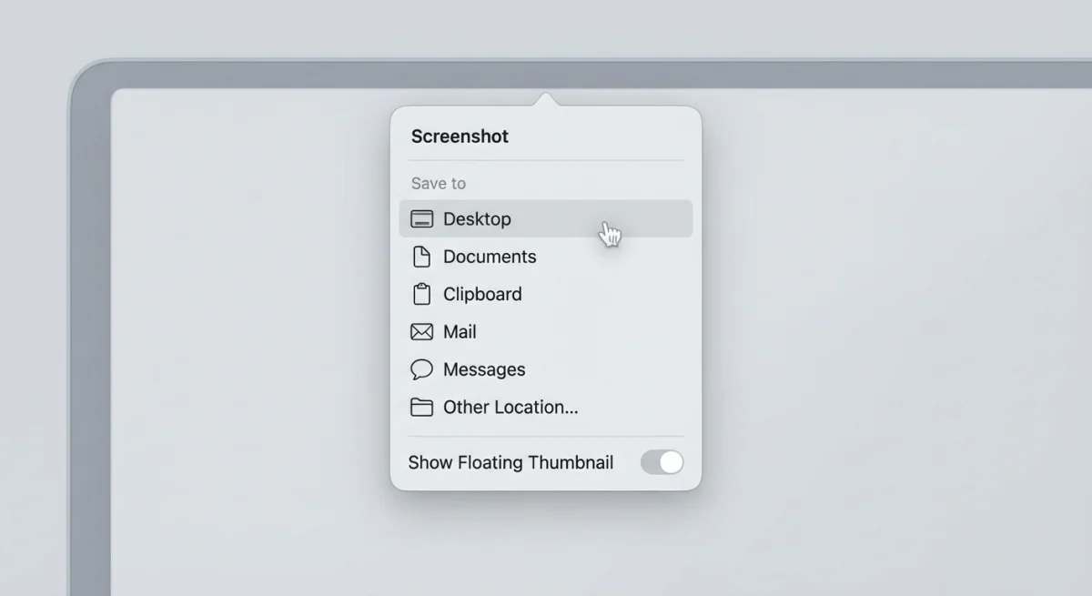 Mac Screenshot app options panel showing save location settings