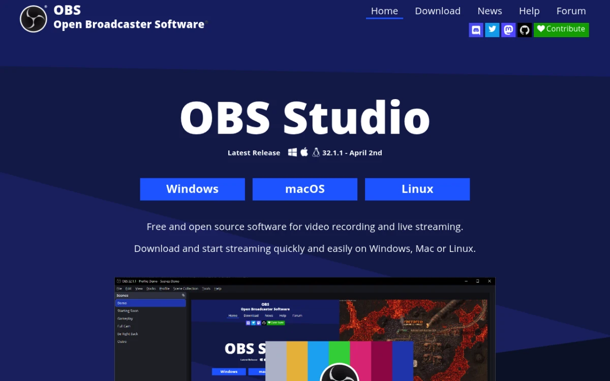 OBS-Studio-Startseite — kostenloser Open-Source-Bildschirmrekorder als Snagit-Alternative
