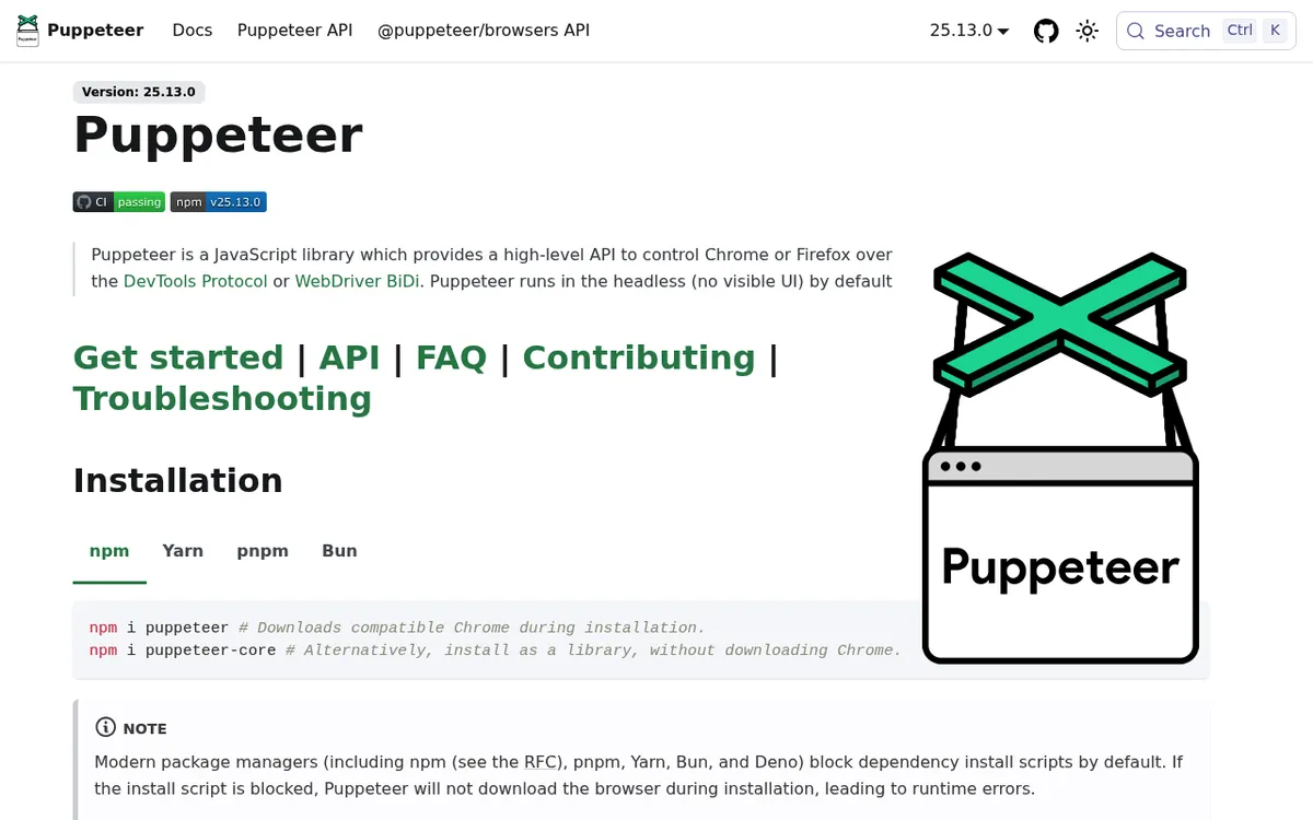 Puppeteer documentation homepage at pptr.dev, the open source library for automating headless Chrome and Firefox