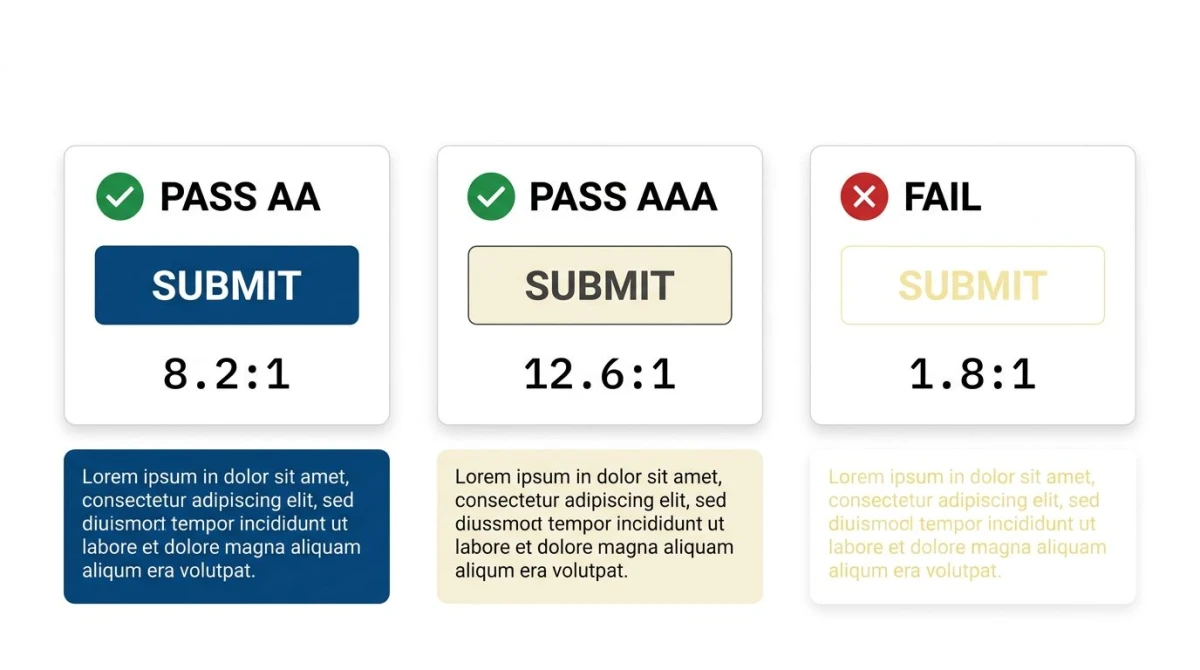 Three accessibility test cards showing pass AA, pass AAA, and fail color combinations