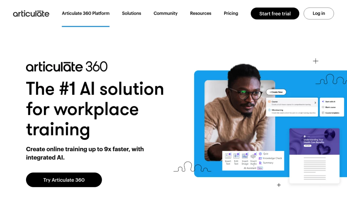 Articulate 360 homepage showcasing the enterprise L&D suite with Storyline and Rise course builders