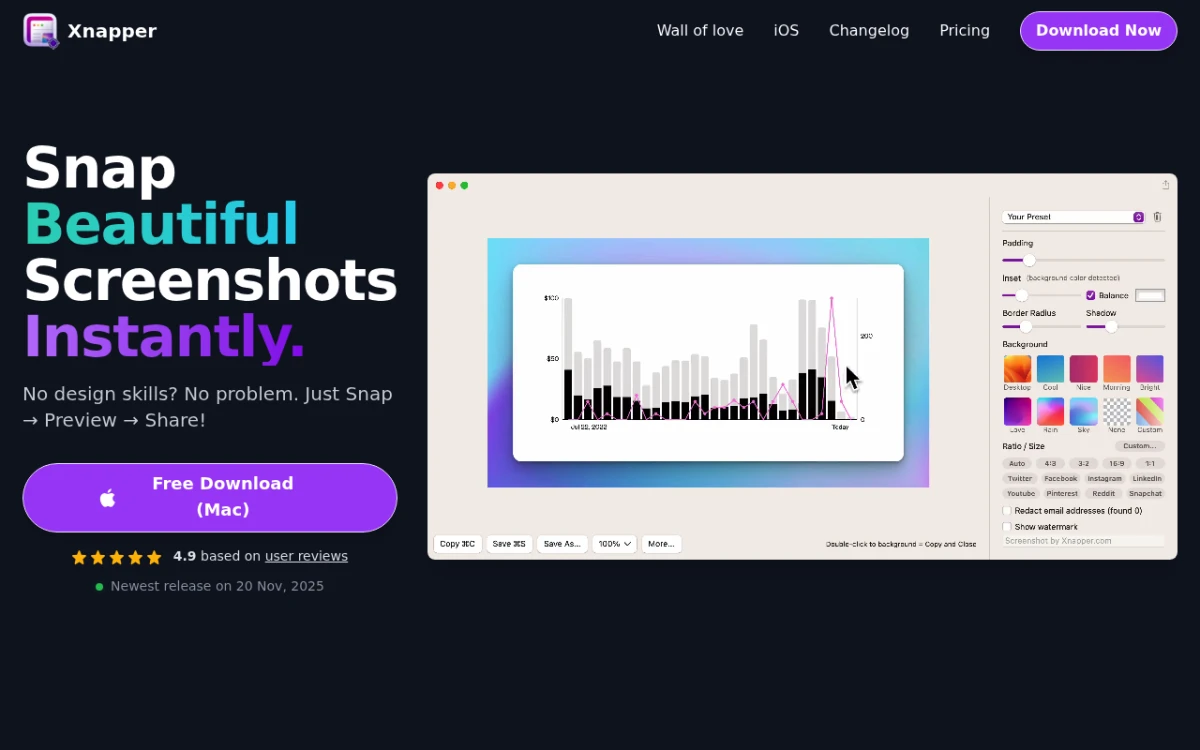 Xnapper homepage — Mac screenshot app with scrolling capture and beautiful backgrounds