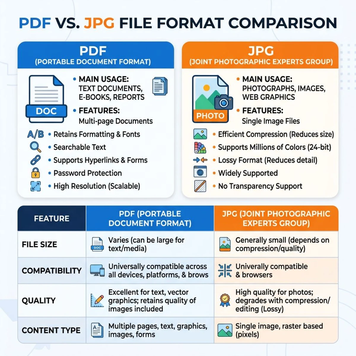 PDF vs JPG format comparison infographic