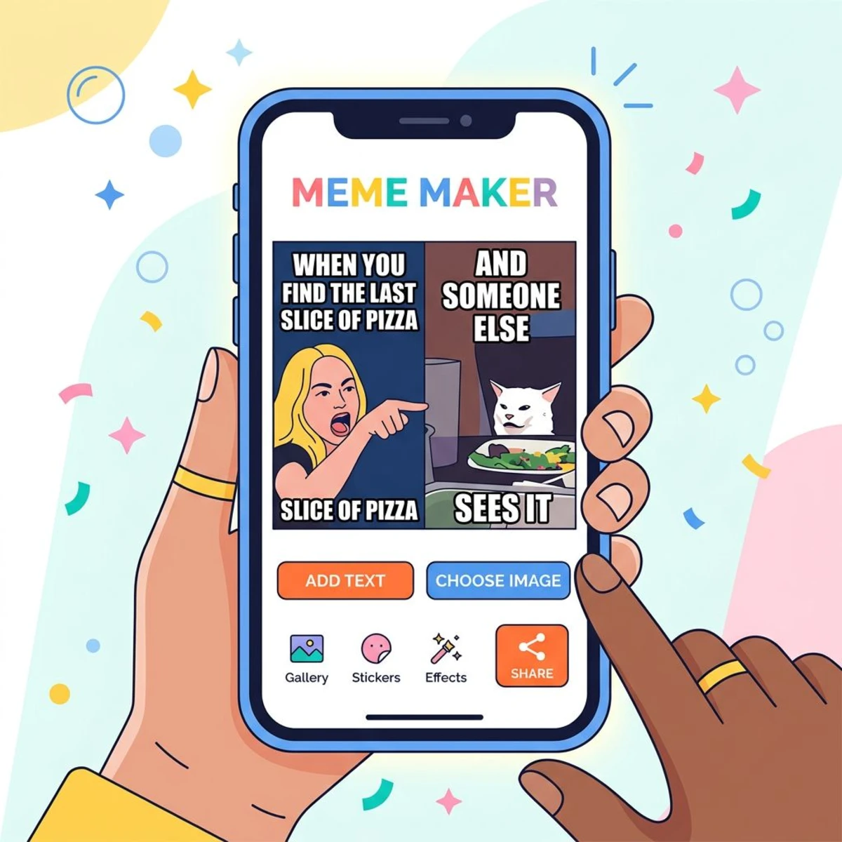 Smartphone mit Meme-Maker-App, das ein klassisches Meme-Template zeigt