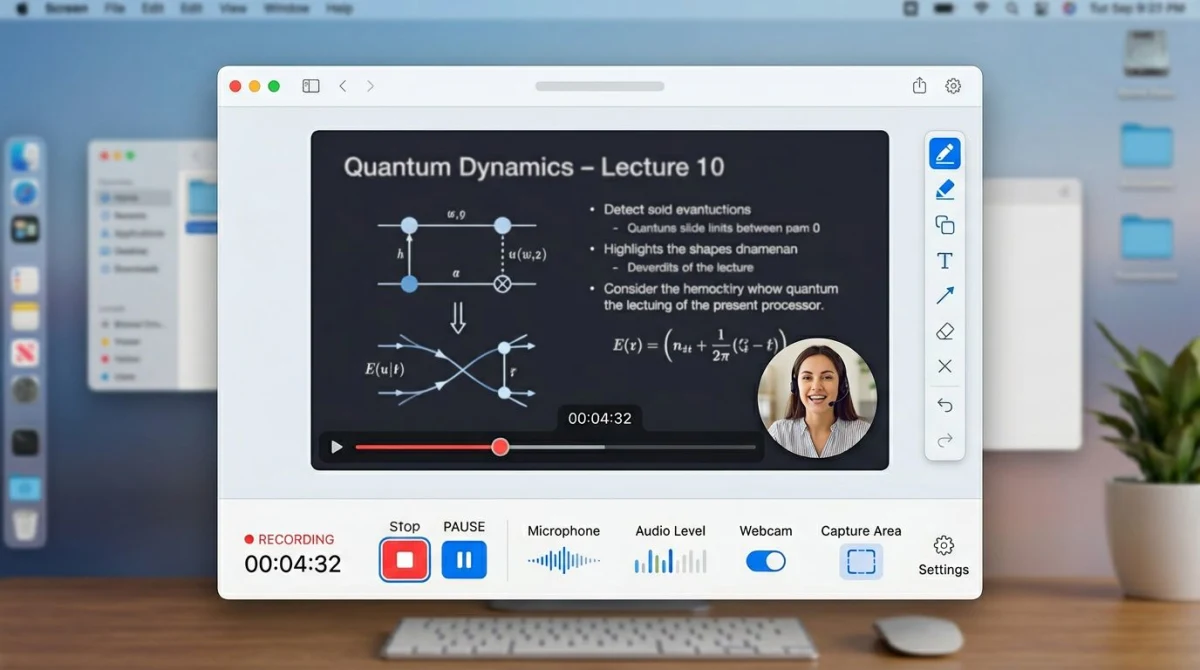 Lecture recording app interface with webcam bubble and slide deck