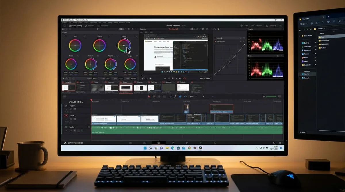 DaVinci Resolve mit dunkler Oberfläche und Color-Grading-Panel unter Windows