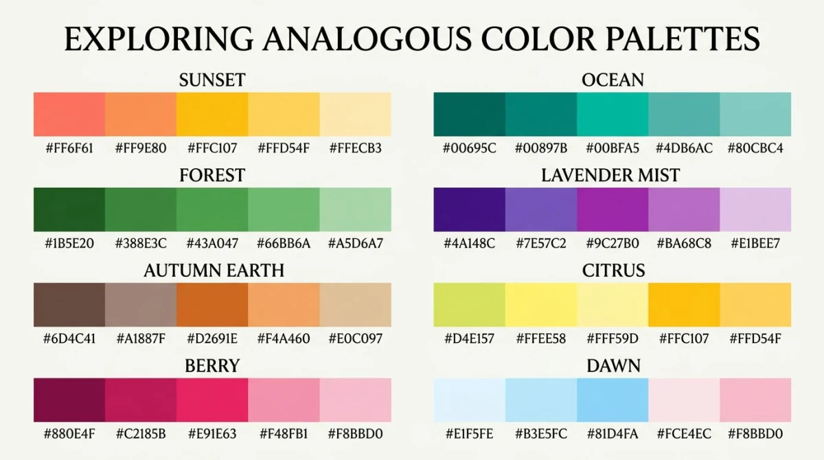 Eight analogous color palettes shown as horizontal swatch bars with hex codes