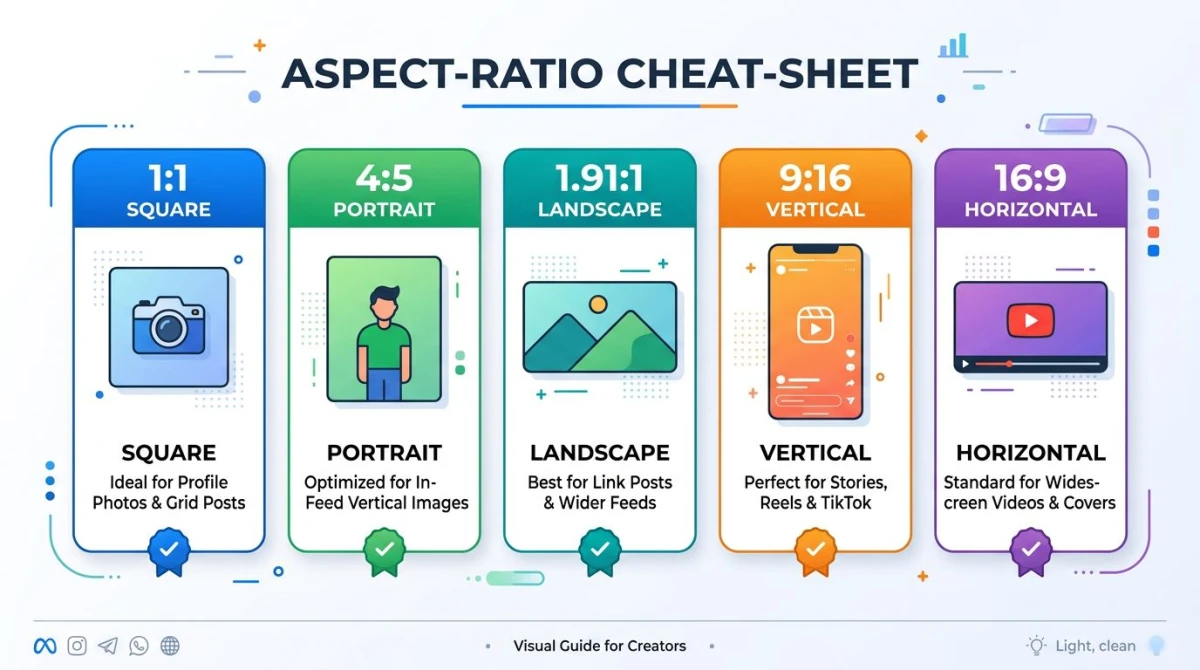 Aspect ratio cheat sheet showing 1:1, 4:5, 1.91:1, 9:16, and 16:9