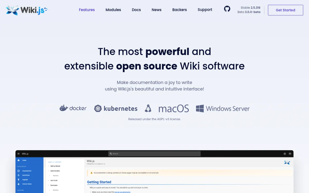 Wiki.js homepage, a free open source wiki under the AGPL v3 license that runs on Docker, Linux, macOS and Windows Server