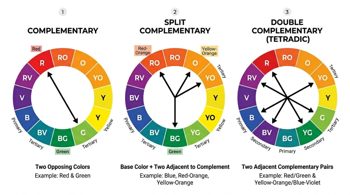 Three color wheels showing complementary, split complementary, and double complementary schemes