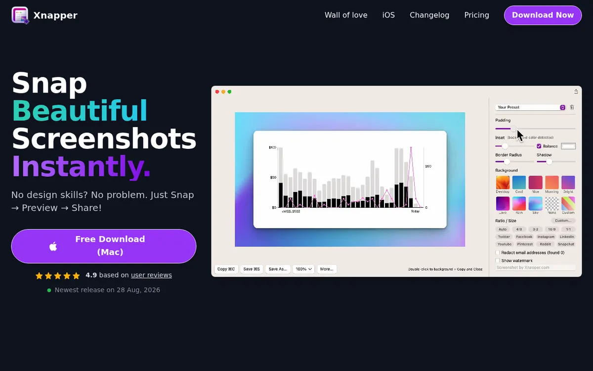 Xnapper homepage with the headline Snap Beautiful Screenshots Instantly and its screenshot beautifier editor