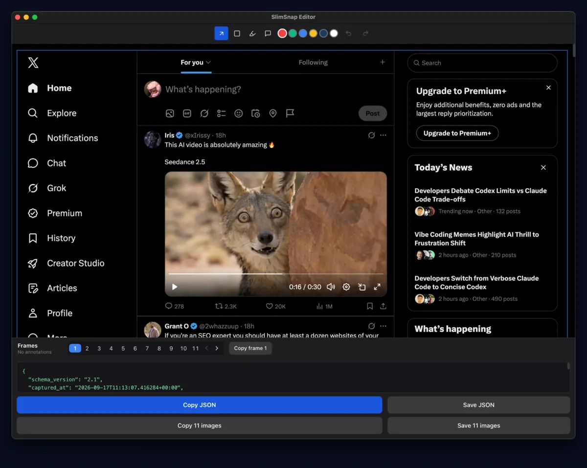 SlimSnap editor on a Mac showing a long social feed capture split into 11 frames, with Copy JSON and Save 11 images buttons