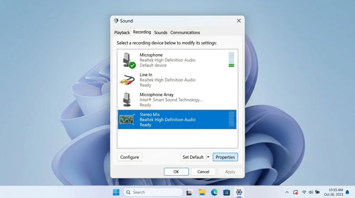 Windows 11 Sound-Aufnahme-Tab mit aktiviertem Stereomix als Standard-Aufnahmegerät