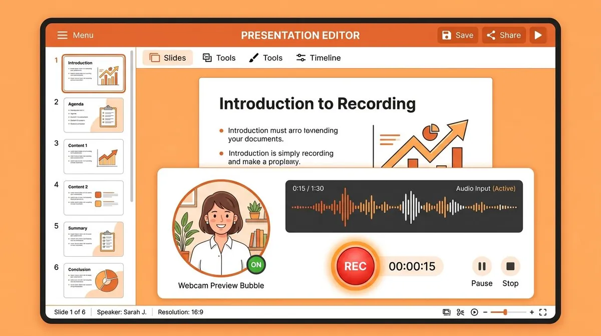 PowerPoint slide editor with a red Record button and webcam preview