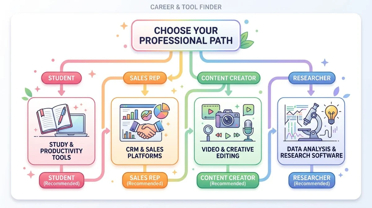 Entscheidungs-Flussdiagramm mit vier farbigen Zweigen, beschriftet als Studierende:r, Sales-Rep, Content-Creator und Forscher:in, die auf empfohlene Tools zeigen