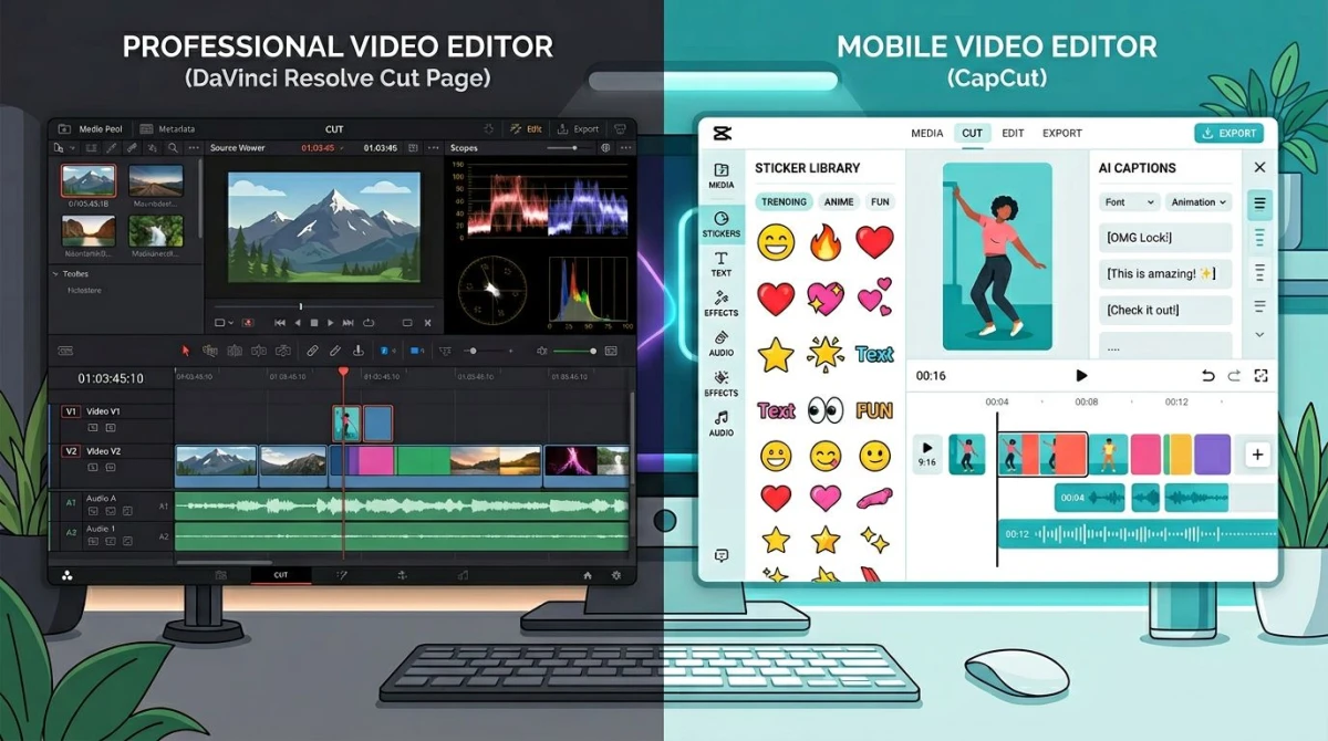 Side by side video editor UI comparison showing DaVinci Resolve Cut Page on the left and CapCut vertical timeline on the right