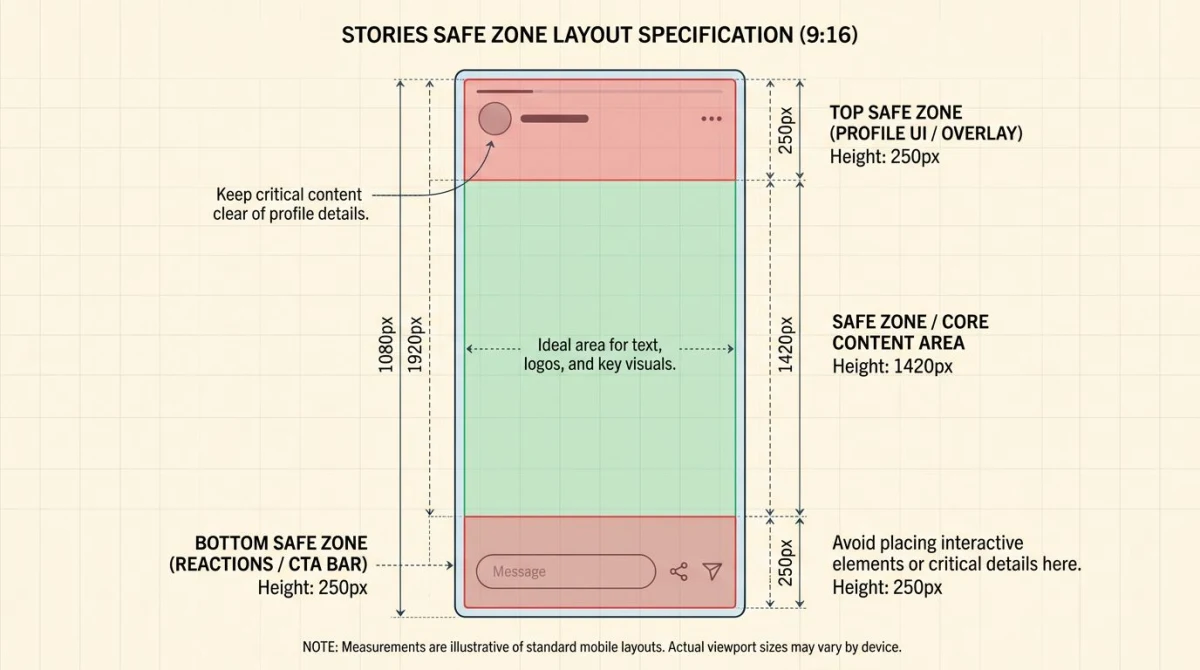 Diagram showing Instagram Story safe zone with top and bottom dead zones