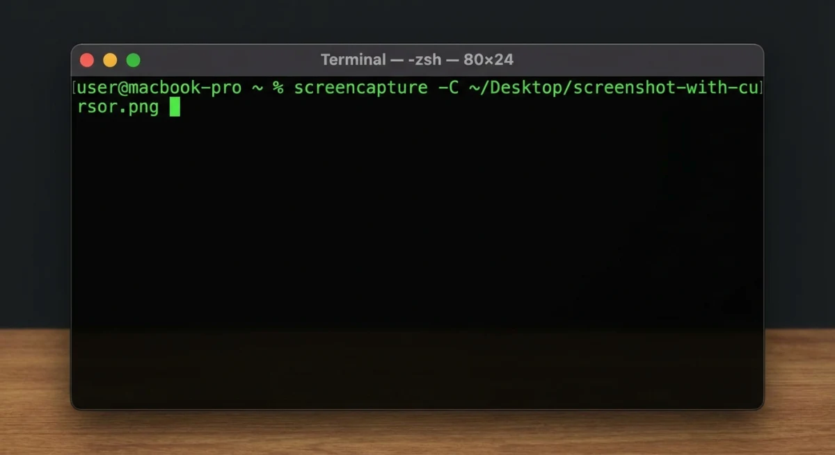 Terminal window showing the screencapture command with cursor flag