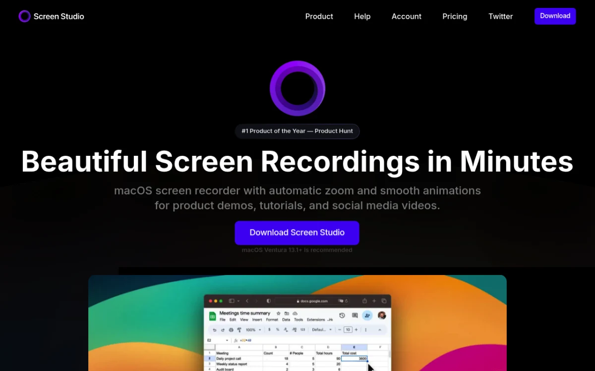 Screen Studio Mac homepage showing the polished demo recording app