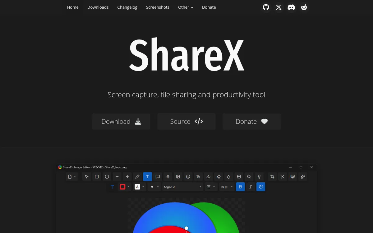 ShareX homepage, the free open-source screen capture tool for Windows
