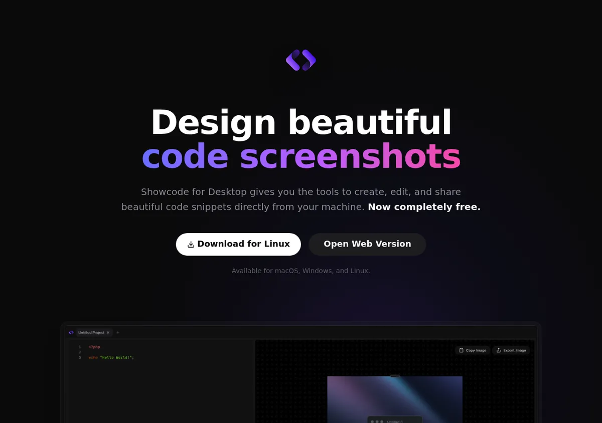 Showcode download page with the headline Design beautiful code screenshots and a preview of its code editor