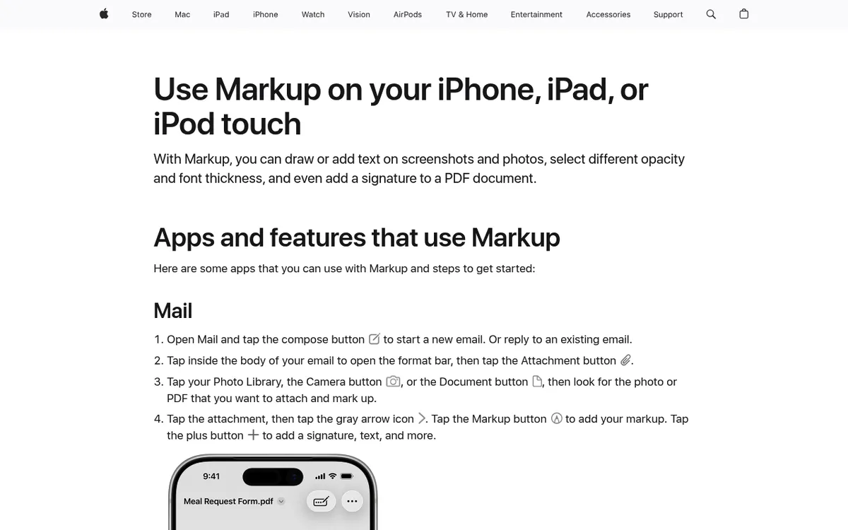 Apple Support article on using Markup on iPhone, iPad and iPod touch