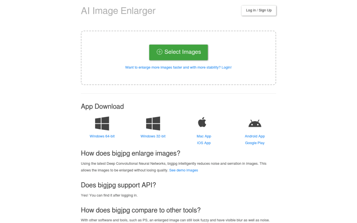 Bigjpg AI Image Enlarger homepage with an image upload area and download links