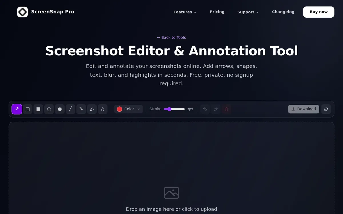 ScreenSnap Pro free online Image Annotation tool with arrow, shape, pen, highlight, and blur toolbar