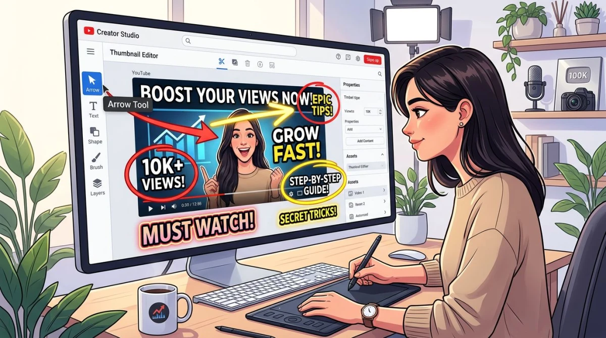 Annotating a YouTube thumbnail with arrows and bold text overlays