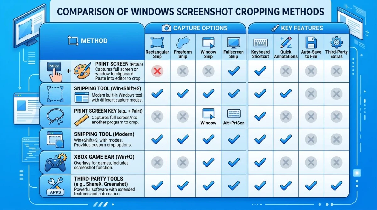 Comparison of Windows screenshot cropping methods