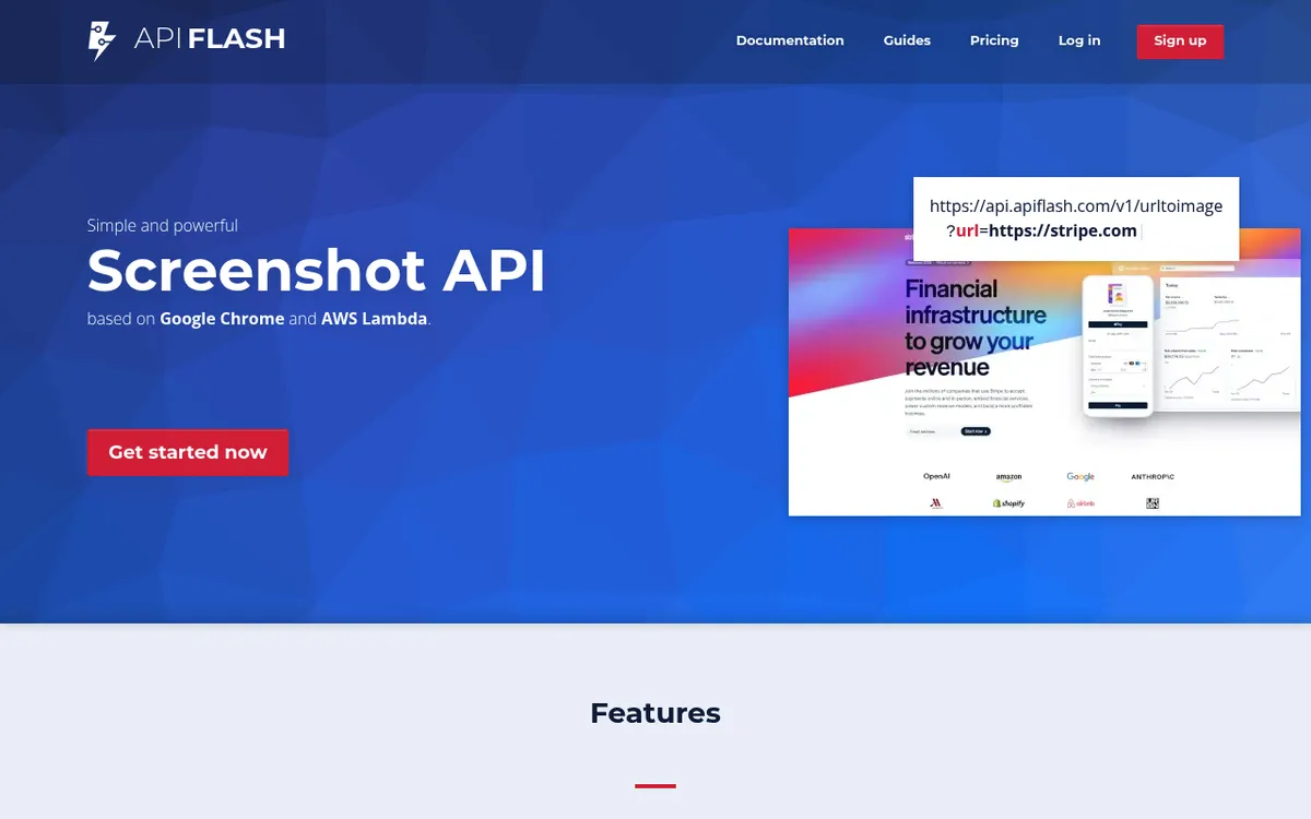 ApiFlash homepage, a screenshot API built on Google Chrome and AWS Lambda