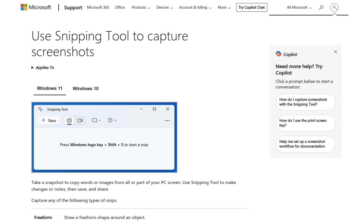 Microsoft Snipping Tool documentation page showing how to use the built-in Windows screenshot tool