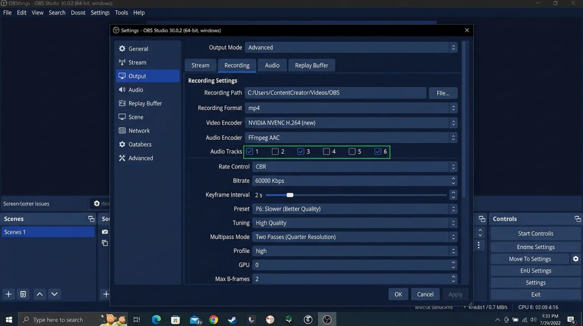 OBS Studio Output settings showing audio track checkboxes 1 through 6