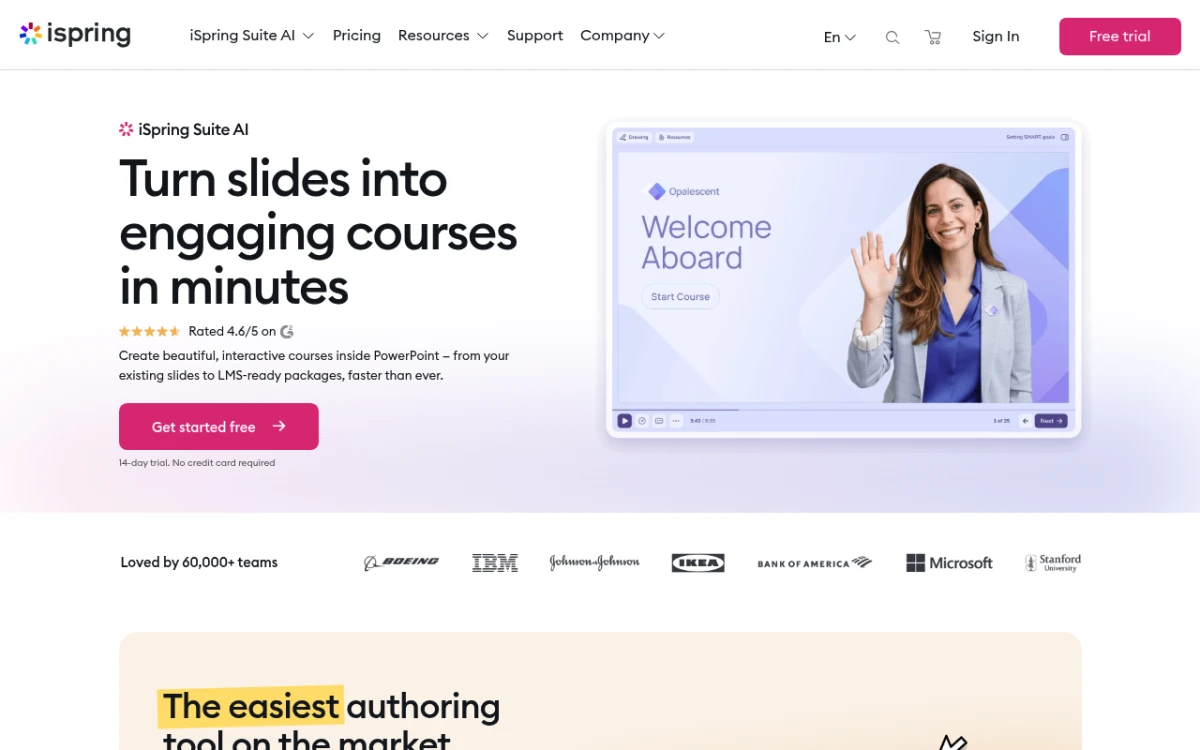 iSpring Suite homepage promoting the PowerPoint-to-course authoring tool for SCORM training