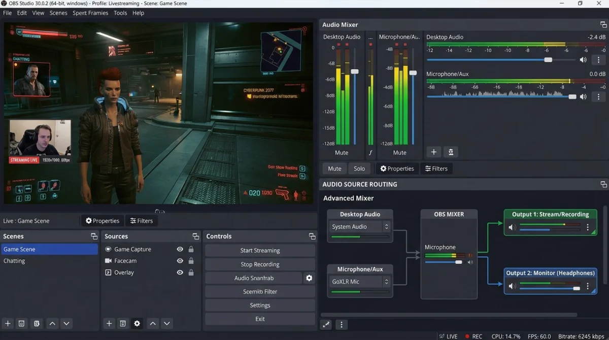 OBS Studio Audio-Mixer mit Desktop-Audio- und Mikrofon-Pegeln auf separaten Kanälen