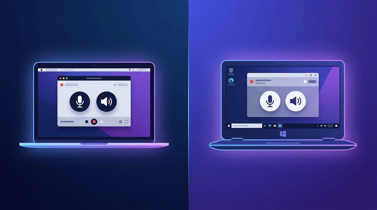 A MacBook and a Windows laptop side by side, each showing a screen recording toolbar with mic and sound icons