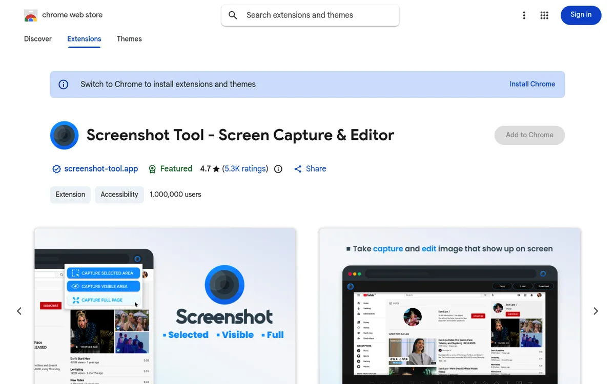 Screenshot Tool Chrome Web Store listing showing selected area, visible area and full page capture options