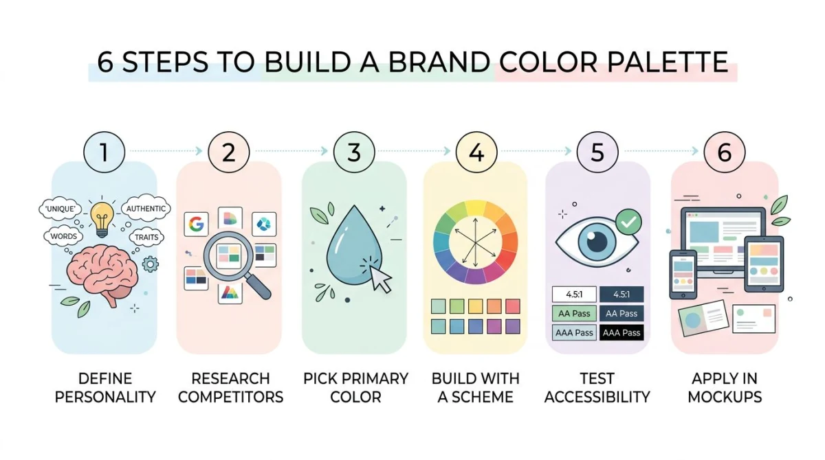 Six-step workflow for building a brand color palette: define personality, research, pick primary, build scheme, test, mockup