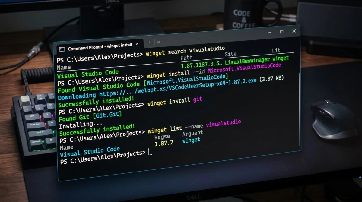 Windows terminal showing package manager install commands