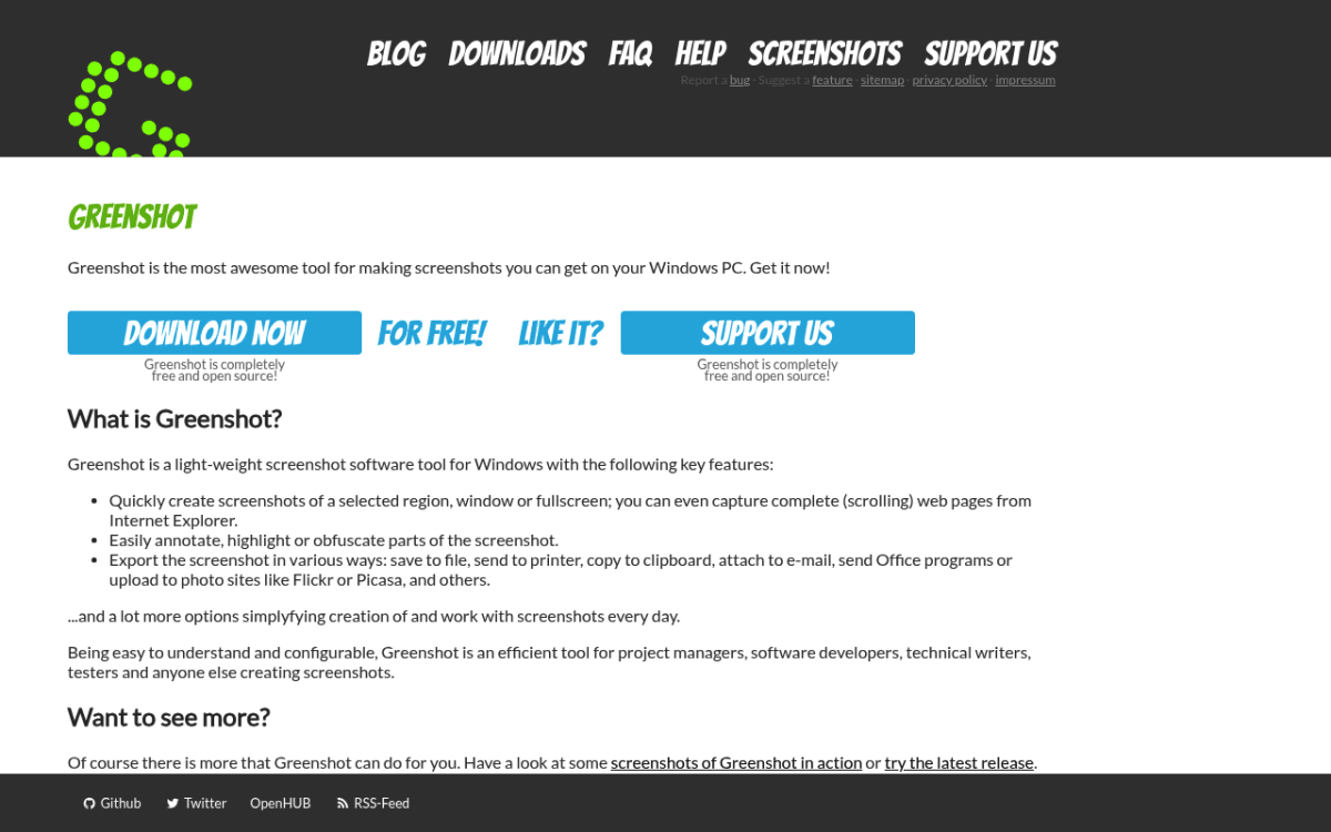 Greenshot homepage showing the open-source Windows screenshot tool