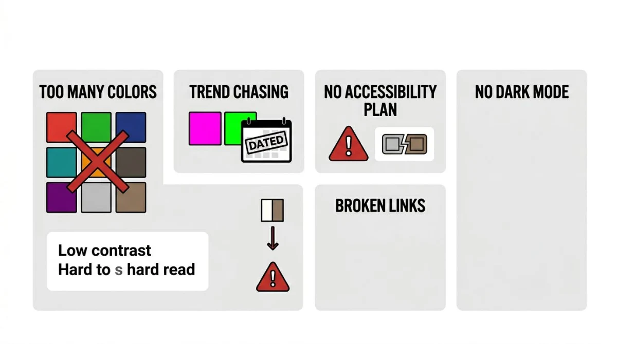 Four common brand palette mistakes: too many colors, trend chasing, no accessibility, no dark mode