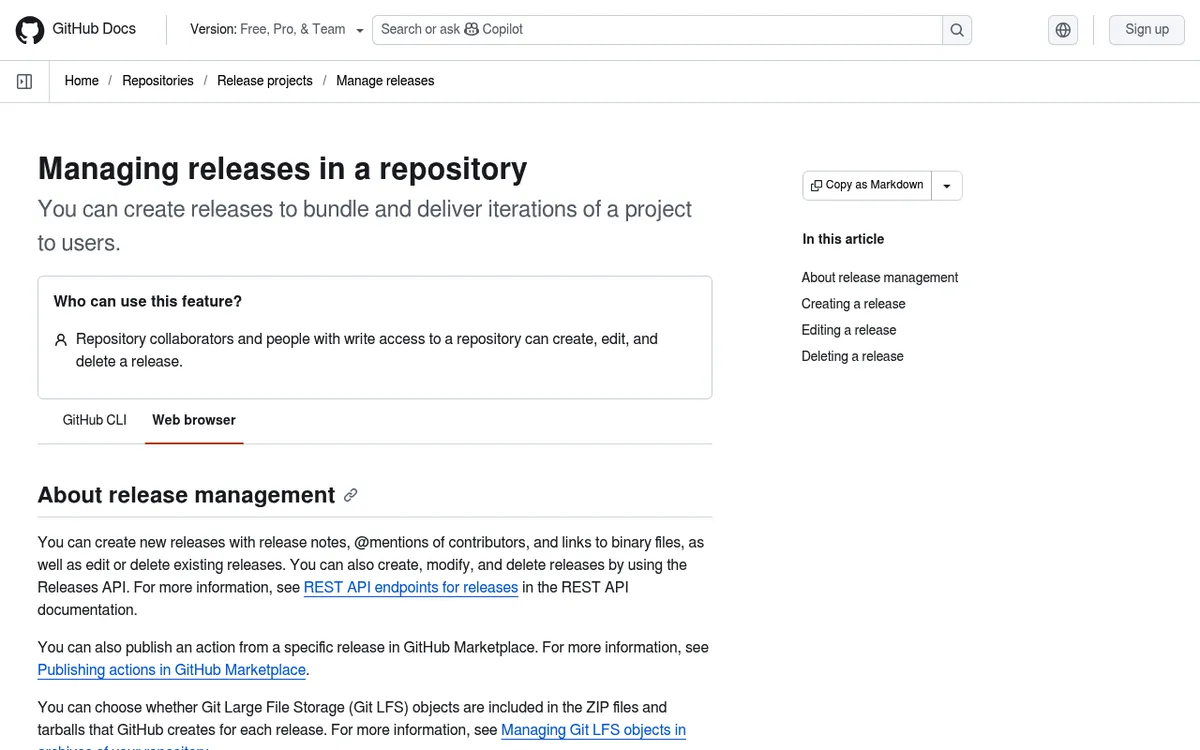 GitHub-Docs-Seite Managing releases in a repository mit dem Abschnitt About release management