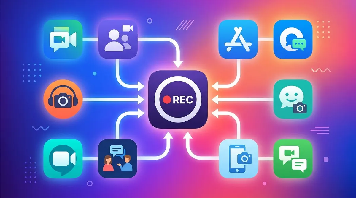 Grid of app logos connected to one central screen recorder