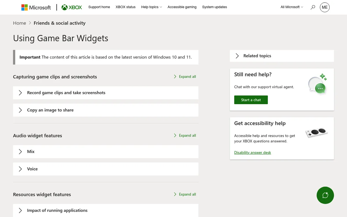 Xbox Support-Seite zu den Game Bar Widgets mit dem Abschnitt zum Aufnehmen von Spielclips und Screenshots