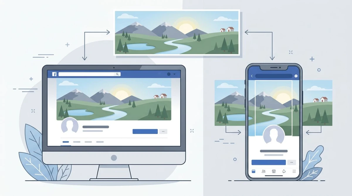 Side-by-side comparison of Facebook cover crop on desktop versus mobile