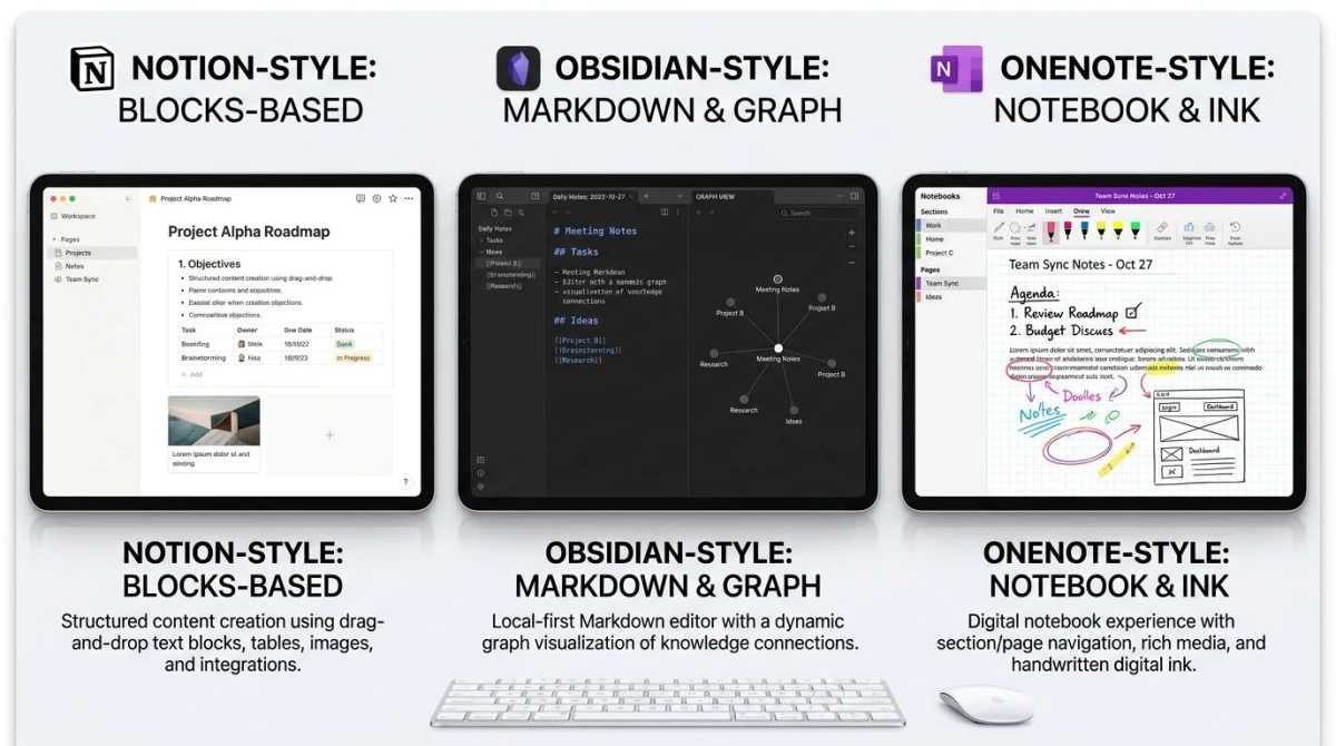 Side-by-Side-Vergleich der Notion-, Obsidian- und OneNote-Oberflächen